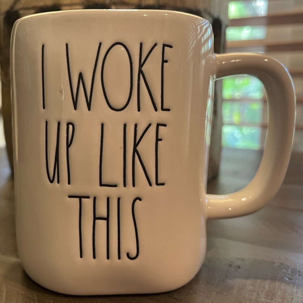 Rae Dunn White Mug with Turquoise Interior - "I Woke Up Like This"